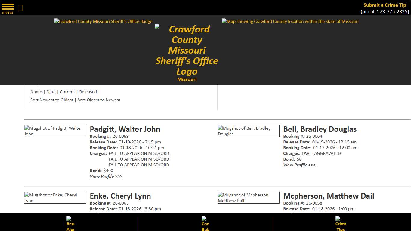 Inmate Roster - Released Inmates Booking Date Descending - Crawford County Sheriff MO
